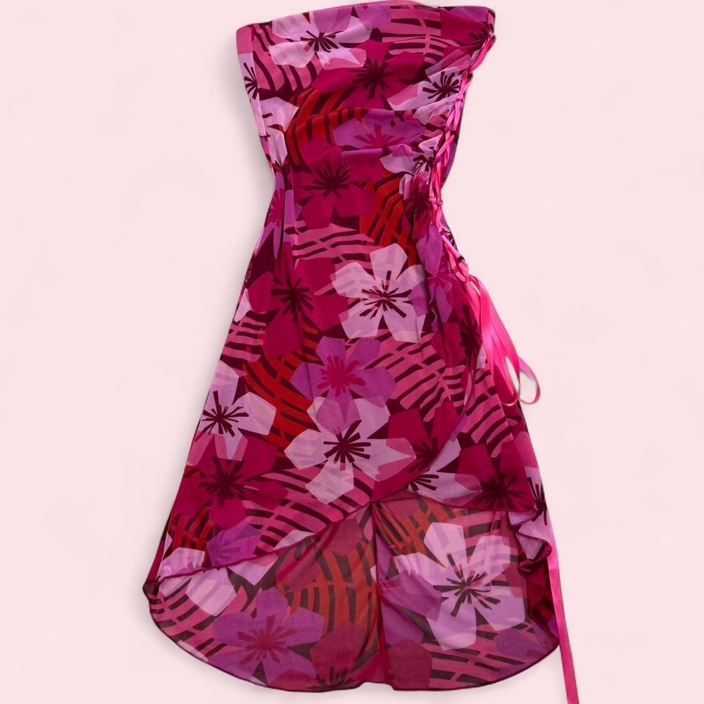 Vintage 90s Byer Too! pink floral sleeveless tube top side tie dress